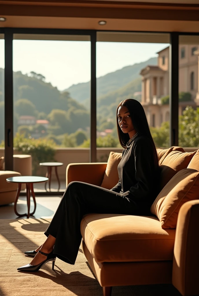 african girl, 19 ans, long black hair, sitting in a large luxury modern living room, tan furniture, dark lighting, day, panoramic view of italy out of the window, wearing gucci