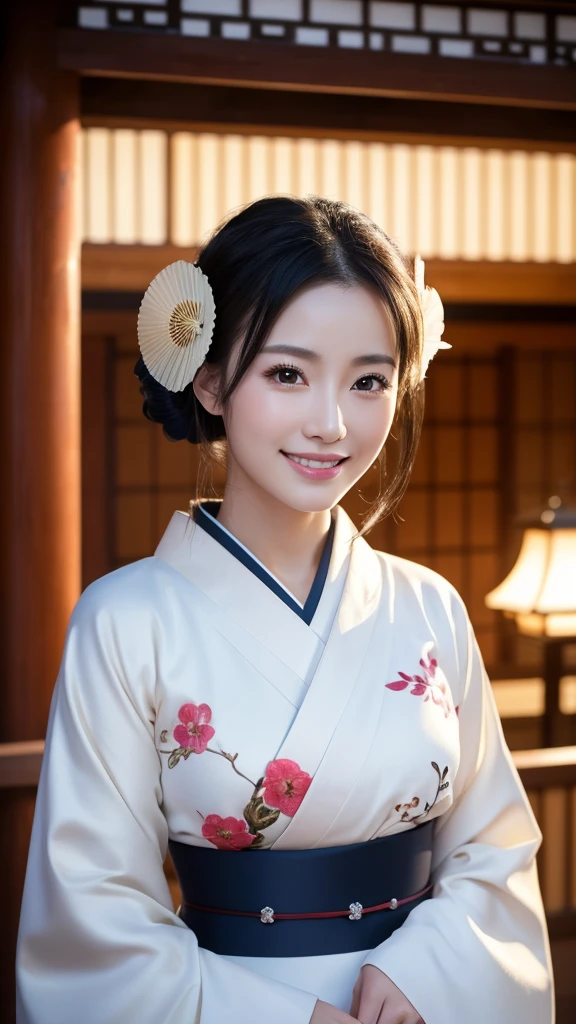(Super beautiful woman in kimono)、((highest quality、8K masterpiece:1.3))、sharp focus:1.2、(super beautiful face:1.0)、(shiny skin:1.0)、realistic pictures、black hair、video lighting、High resolution eyes and face、video lighting、japanese actress、from the front、with a happy smile、whole body、wearing a kimono、in Kyoto、(luxury obi)、with a fan、Fireworks Display