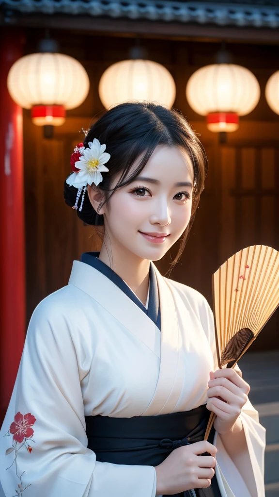 (Super beautiful woman in kimono)、((highest quality、8K masterpiece:1.3))、sharp focus:1.2、(super beautiful face:1.0)、(shiny skin:1.0)、realistic pictures、black hair、video lighting、High resolution eyes and face、video lighting、japanese actress、from the front、with a happy smile、whole body、wearing a kimono、in Kyoto、(luxury obi)、with a fan、Fireworks Display