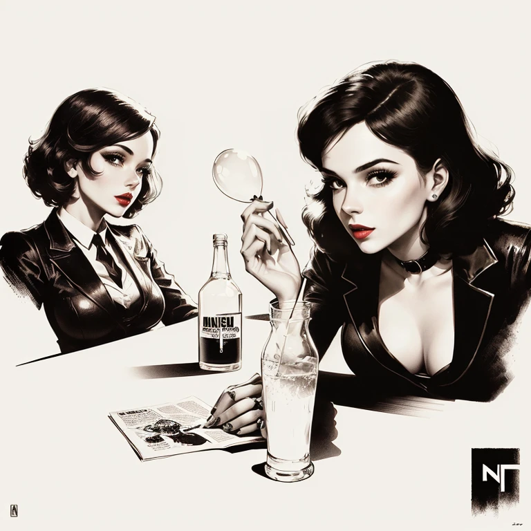 graffiti depicting a man and a woman, sitting at a table with a balloon, Illustration of cellulose, by Hugh Hughes, Crime noir, inspired by Wojciech Siudmak, pulp fiction style, High-contrast illustration, 5 0 s pulp sci-fi illustration, Stencil art, Drawn in the style of neo-noir, 5 0 s Illustration of cellulose, Portrait of a character made of pulp, illustration for the film