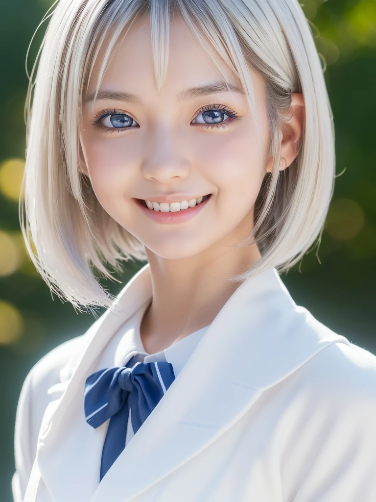 (A beautiful girl in a bright nordic setting, face lighting, realistic, cute, sexy, slim, extremely detailed eyes, droopy eyes,Attractive big shiny clear blue eyes, cutei eyes,beautiful eyes,charming big eyes,extremely detailed face:1.5),(best quality:1.4), (masterpiece:1.5),(ultra-detailed:1.2), (realistic:1.3),(ultra short hair:2.0),(fluffy hair,silver hair:1.25),(close-up of face,smiling:1.25), (japanese highschool white uniform:1.5),detailed skin, intricate details, high quality, detailed background, soft lighting, detailed clothing, natural pose, cinematic lighting, volumetric lighting, digital art, photorealistic, vibrant colors, sharp focus, hyper detailed,Highres fix