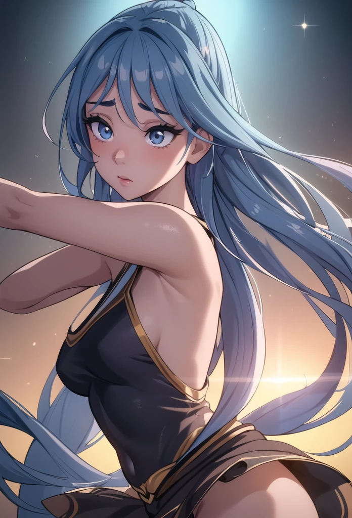 a girl dancing in the air with a dynamic pose, floating and shy, with a panoramic view and beautiful detailed eyes, detailed face, and long eyelashes, 1 girl, upper body, dynamic angle, world class theater, messy long hair, best quality, extremely detailed CG Unity 8k wallpaper, ink, magnificent, cinematic lighting, lens flare, dunhuang style