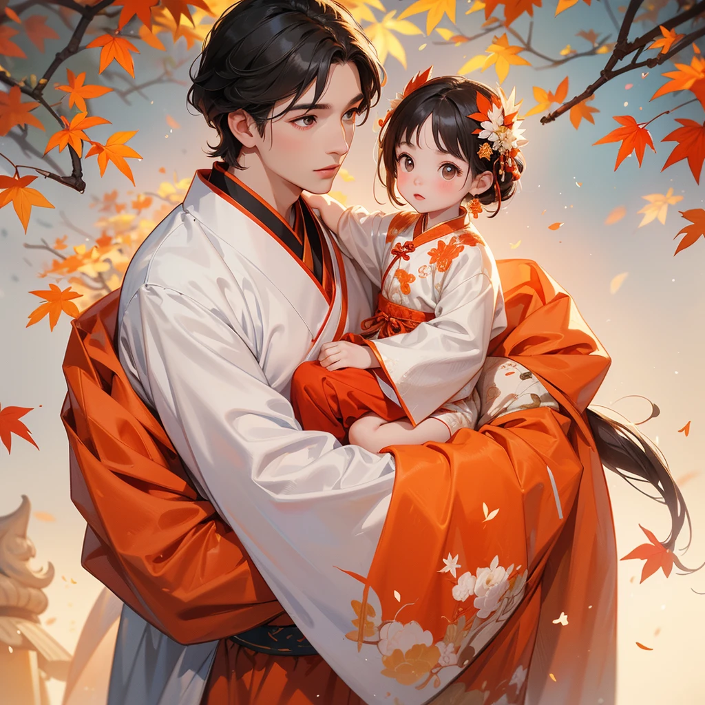 A one-year-old baby boy in an ancient Chinese baby costume with his beautiful mother, dressed in an white ancient Chinese costume, The backdrop is a mountain that turns orange-red in spring, and maple leaves fall from the trees, playing with each other, with his handsome father standing next to his mother, close up.