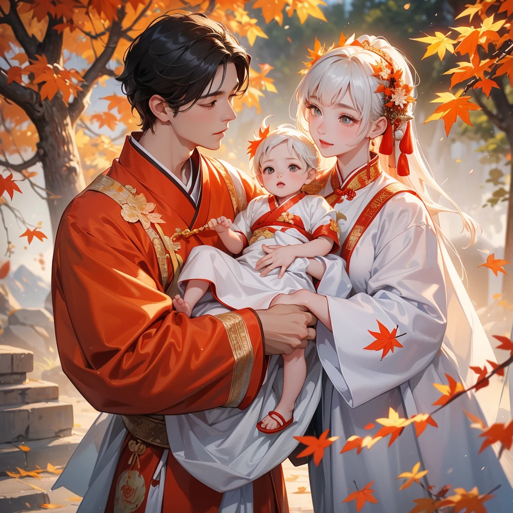 A one-year-old baby boy in an ancient Chinese baby costume with his beautiful mother, dressed in an white ancient Chinese costume, The backdrop is a mountain that turns orange-red in spring, and maple leaves fall from the trees, playing with each other, with his handsome father standing next to his mother, close up.
