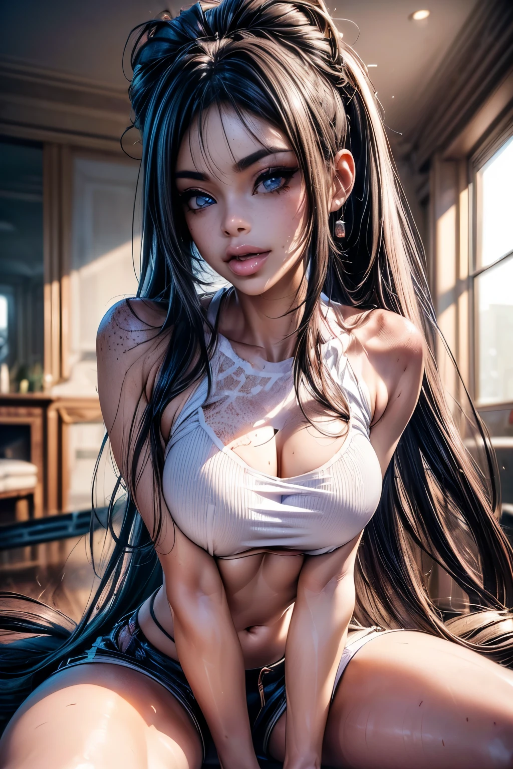 (best quality), (exquisite and meticulously detailed masterpiece), (hyper realistic anime face), (octane render), (((3D))), photorealistic, Create a hyper-detailed, high-resolution illustration of an anime-inspired woman, showcasing a blend of photorealistic and anime elements. This character combines the ethereal beauty with the captivating allure of anime aesthetics. She has deep, expressive blue eyes, ((pefect beautiful big eyes)), (((big eyes))), ((eyeliner foxy eyes)), and her hair is very long, reaching almost to her waist, with a ((dark black hair)), (messy hair). shes has two messy buns and also lots of ((messy loose hair). Her ((((((lips are large and luscious, enhanced with hyaluronic acid injections)))))),(((bimbo lips))), , giving them a soft appearance. The woman has a serene gaze and a slight smile, adding an air of mystery and charm, ((mischievous slightly smile)), (((Her face is covered in lots of freckles))), ((as well as her chest and shoulders)), ((freckles on face, chest and shoulders)). Her skin is smooth, silky and pale. She is thin and has a (( tiny waist)) that, along with her sensual hips, gives the impression of resembling an hourglass, ((((small boobs)))), ((small size boobs)), (((visible collarbones))), (((white croptop))), (((underboob))), showing collarbones, ((neckline)), ((sleveless)), ((shorts)). The pose is dynamic and provocative, kneeled, open spread legs, taking a selfie in the mirror ,(detailed day indoors:1.6). This masterpiece marries the ultra-realistic detail of her features with the distinctive charm of anime aesthetics, aiming for an 8K resolution to capture every nuance of this intricate scene, )