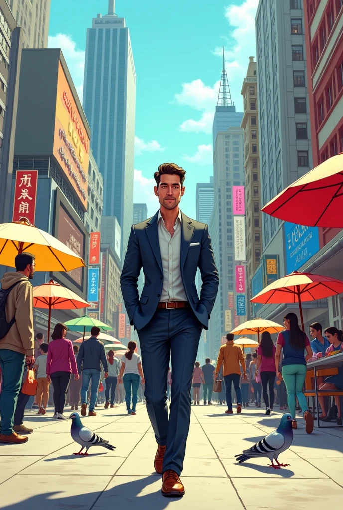 A man wearing formal jackets and trousers and shoes walking through a crowded metropolitan city ( cartoon)