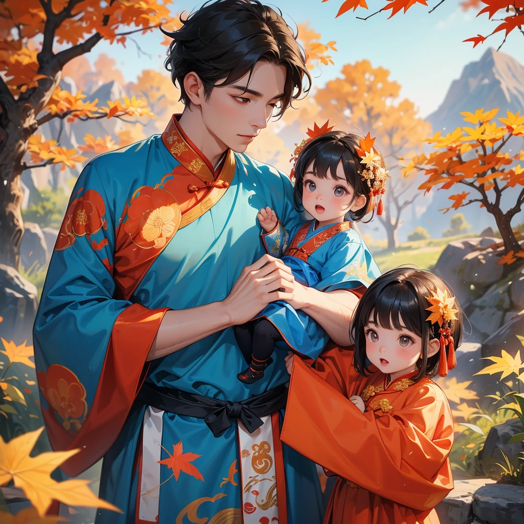 A one-year-old baby boy in an ancient Chinese baby costume with his beautiful mother, dressed in an blue ancient Chinese costume, The backdrop is a mountain that turns orange-red in spring, and maple leaves fall from the trees, playing with each other, with his handsome father standing next to his mother, close up.