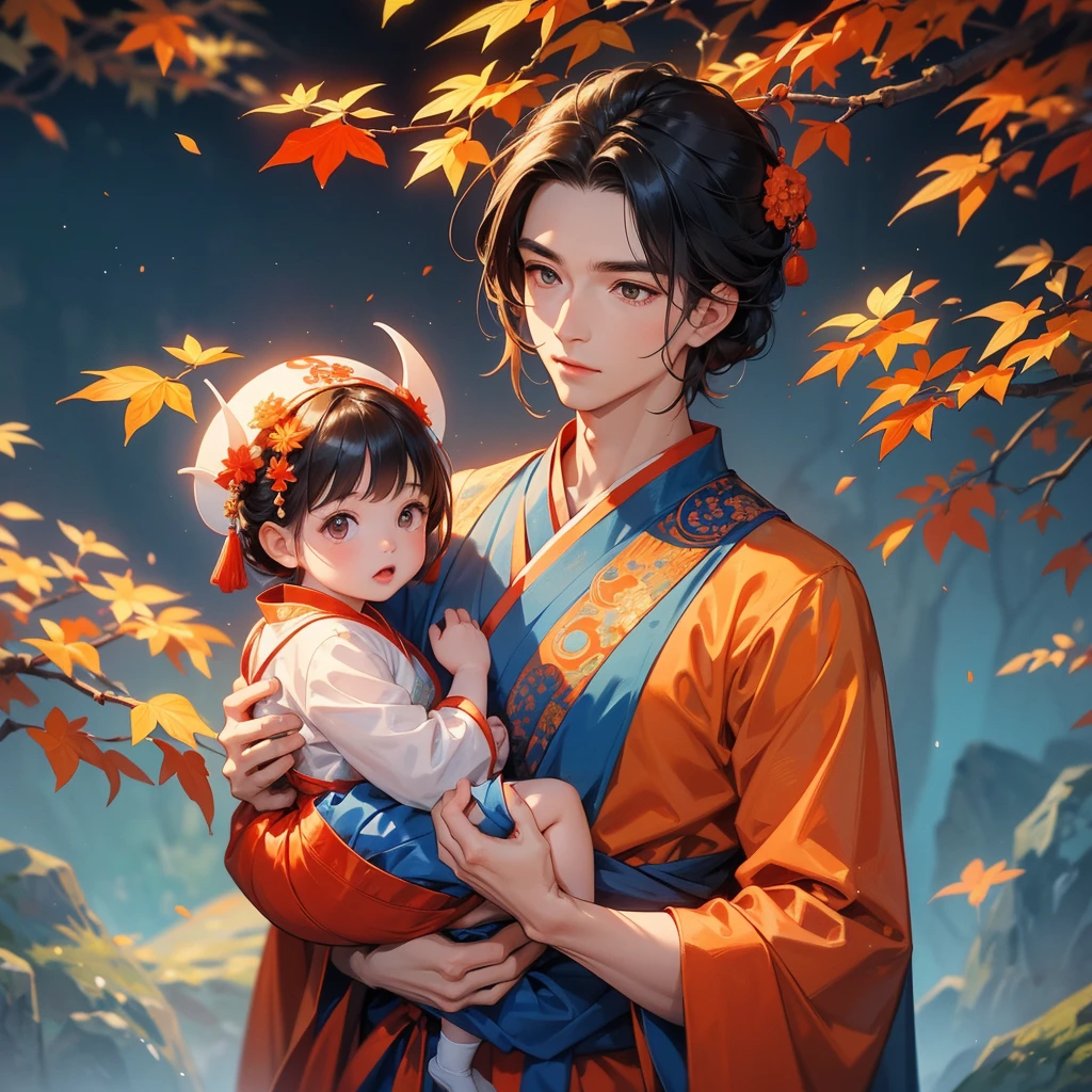 A one-year-old baby boy in an ancient Chinese baby costume with his beautiful mother, dressed in an blue ancient Chinese costume, The backdrop is a mountain that turns orange-red in spring, and maple leaves fall from the trees, playing with each other, with his handsome father standing next to his mother, close up.
