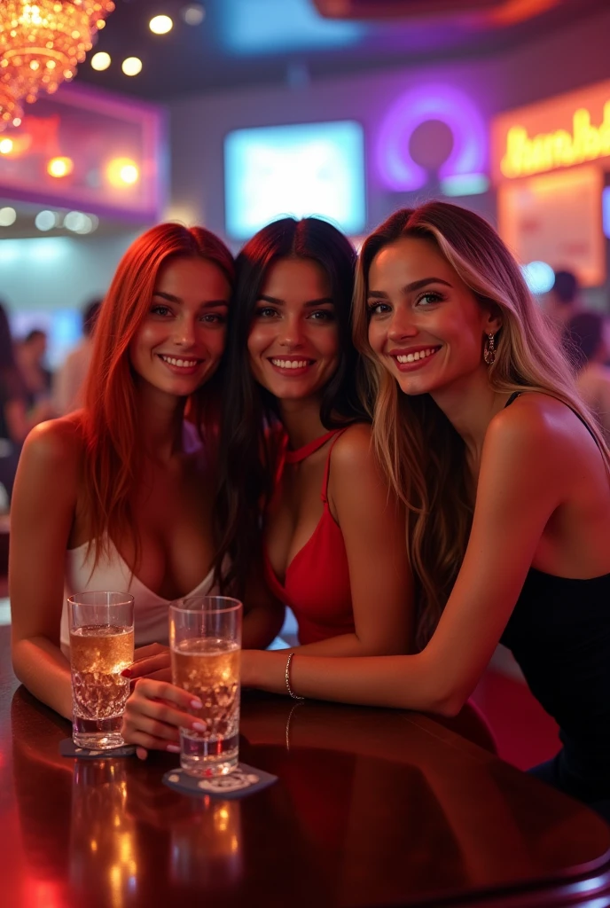 ultra realistic, photography, three girls: one with long straight red hair, (24 years old, hourglass figure, perfect body, natural medium breasts, wearing a white high-leg-cut dress), the second one: long black straight hair, (30 years old, hourglass figure, perfect fit body, natural big breasts, wearing a red cocktaildress), dark eye makeup with eyeliner, the third one: long blonde hair, (wavy elegant hair, blue eyes, perfect round lips, 22 years old, gorgeous face, voluptuous figure, perfect fit body, big enhanced breasts, wearing a black skin-tight dress), they have great round cleavage, they are sitting behind a table in a club, they are leaning forward onto their elbows onto a table with their torsos,