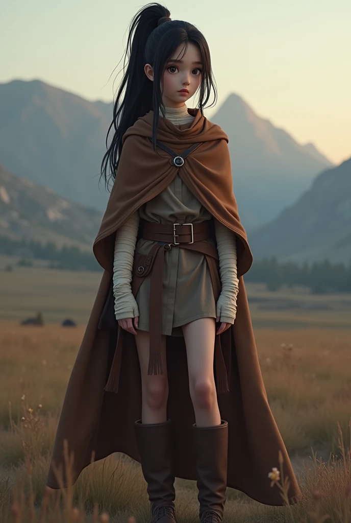 Phoyo realism, beautiful, tall girl, black hair, wearing a brown cloak, with white bandages on her arm and neck, brown boots, pony tail, boyish, black eyes