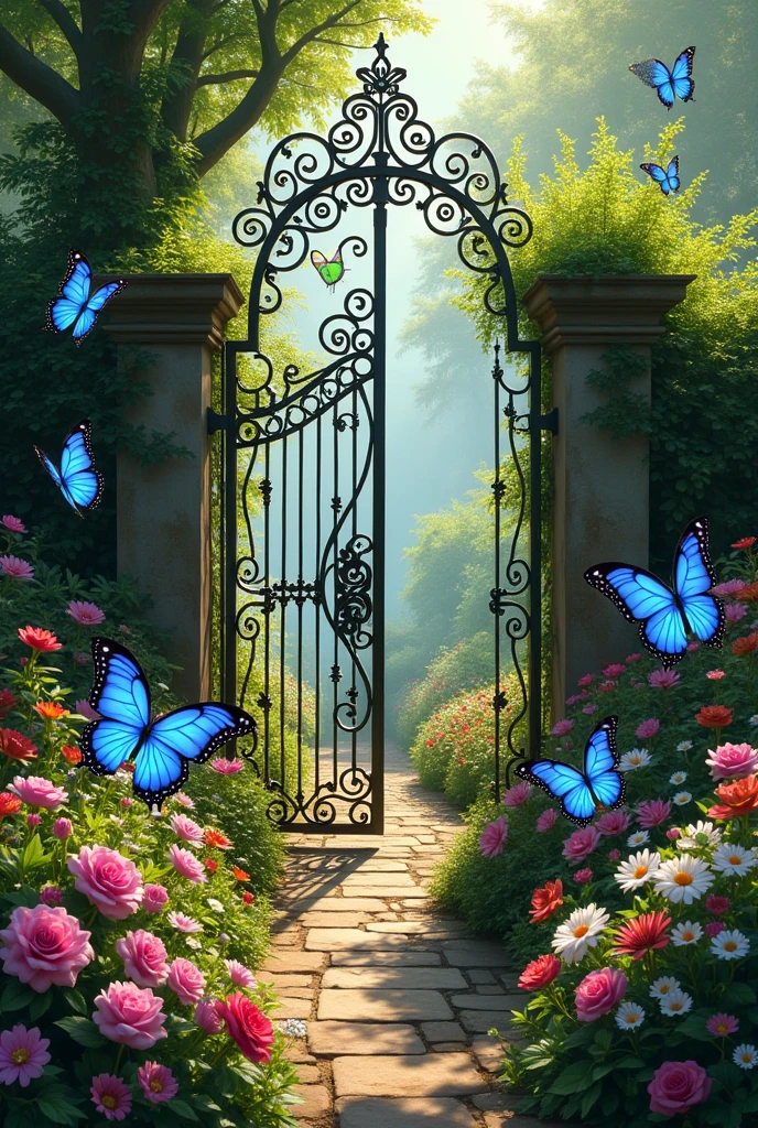 A place filled with flowers and greanery with a spot in the middle (a gate) with a few butterflies in blue colour