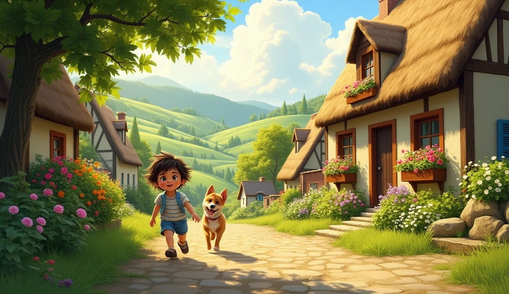 Village Setting
Prompt: A quaint village with rolling green hills, traditional houses with thatched roofs, and blooming flowers. A with short hair and a playful dog are seen exploring the village. The scene is bathed in soft, warm sunlight.