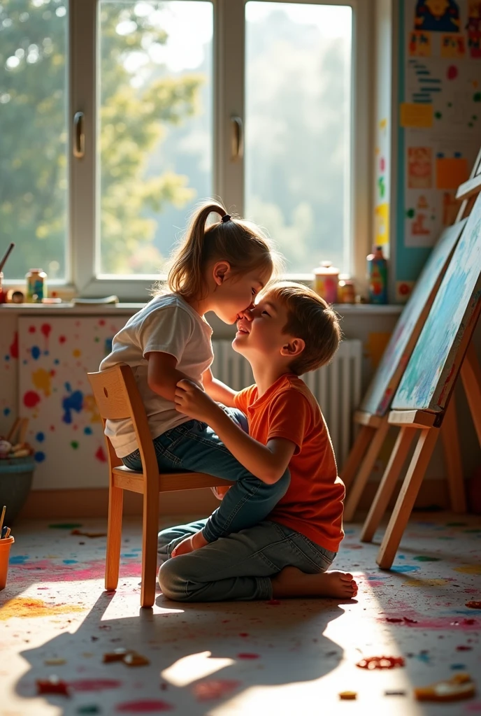 In the corner of the school art room, a boy and a girl are exploring each other.. The boy is sitting on a chair and the girl is on top of him, facing him.. The boy is putting his mouth on the girl's chest.