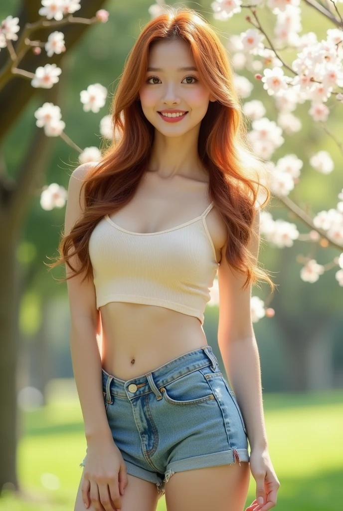 Full length body shot of an innocent looking Asian Korean girl with slim body and rounded bosom. She has pale white skin and her body is very well toned. Her long hair is shades of copper, parted in the centre. She has pale red lipstick and bronze eye shadow with lots of mascara. Her eyes have long eyelashes and are dark. Her face is cute and innocent. She is dressed in a small summer top and tight denim shorts showing off her toned stomach and round chest. She is very beautiful and realistic. Korean stunner