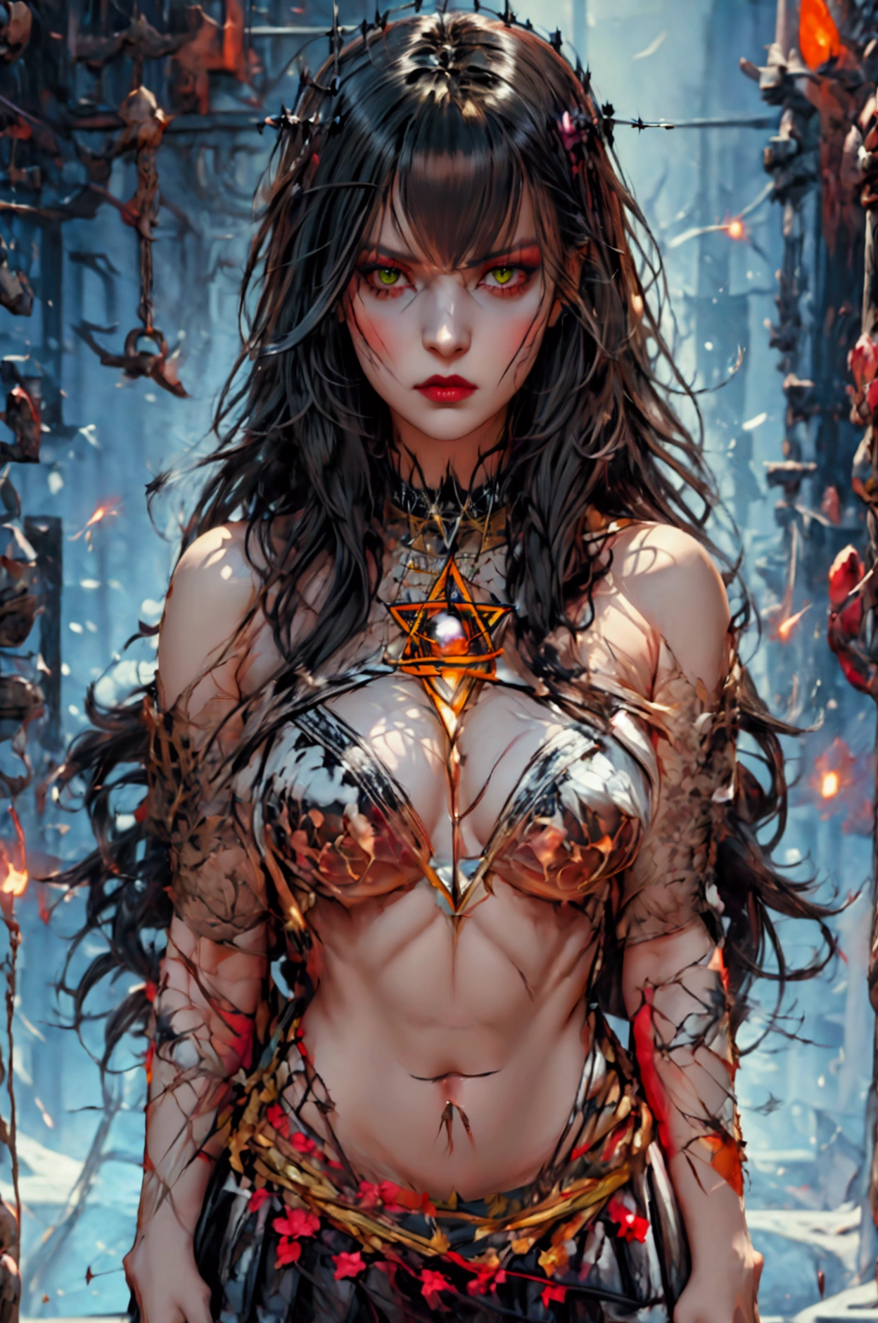 Woman with long black hair standing on a pentagram, she has long nails her eyes are green, black smoke and sparks coming from her hands . She is wearing a small torn cloth covering her breasts and she has a skirt made of skulls