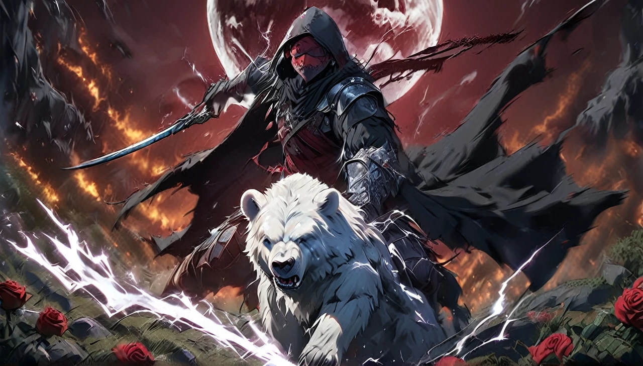 Menacing picture. In it a man with a black hood and a katana is riding a polar bear while the moon shines, Roses cover the ground and lightning falls from the sky. The man wears a red blindfold. The background of the picture in red.
The background is dark red.