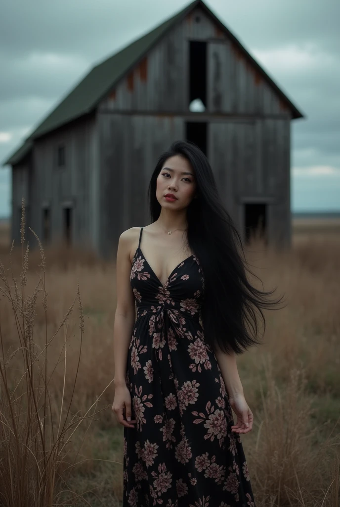 ((best quality)), ((masterpiece)), (detailed), Professional portrait, a curvy Asian woman with long black hair, wearing a black floral dress, wearing boots, standing with dynamic pose in the middle of dry weeds, a large old unkempt mill is visible, there is a dark cloudy sky, giving a cloudy atmosphere in the afternoon