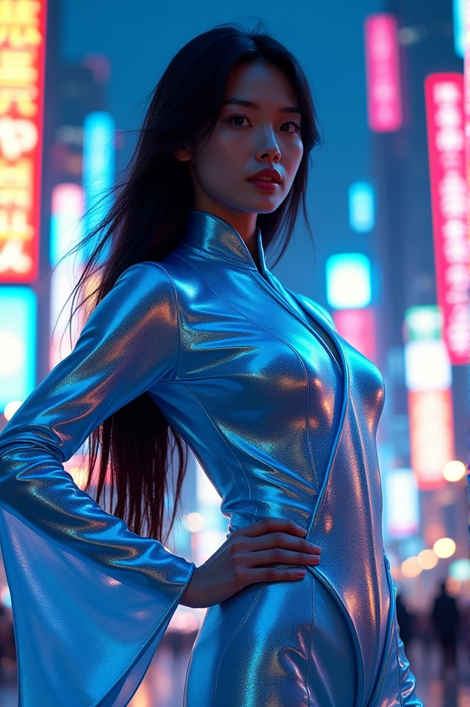 Beautiful Japanese woman in a futuristic suit