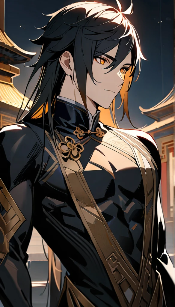 (masterpiece:1.5),best quality,(1 Handsome and calm man),alone,black long hair,(gold eyes), (soft expression),perfect face,Fantasy Chinese style,Complex clothing design with Chinese elements,Slightly muscular body,High,8K,Beautiful contrast of light and shadow,red and gold flowers,Positive face,Chinese luxury palace,night,zhongli genshin_impact