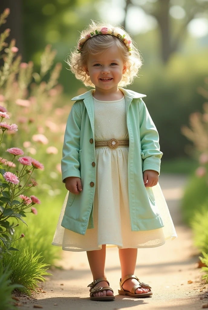 A boy wearing a sugar-colored dress, a light green coat, a belt on the dress from under the coat, a headband on his head, and sandals on his foot 