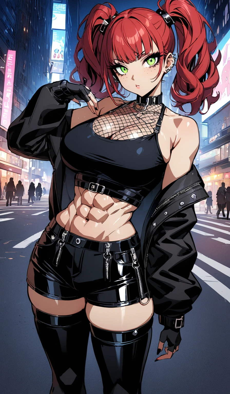 woman, curly red hair in pig tails, green eyes, black eyeshadow, wearing crop top black shirt, long black jacket, black hot pants, black knee high boots, black fingerless gloves, exposed shoulders, large breasts, freckles, abs, cleavage, looking at viewer, masterpiece, best quality, Holo-Punk Style, in the city, make up, eyelashes, fish net undershirt, fish net stockings