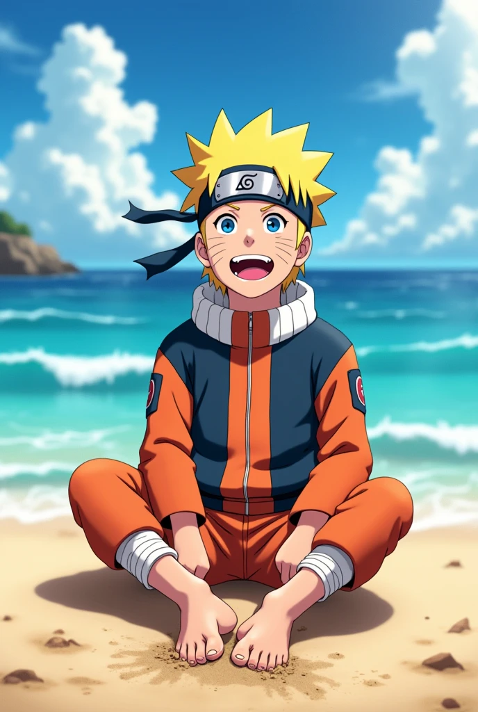 Imagen animada con estilo realista en HD de Naruto Uzumaki sonriendo enseñando los pies de cerca 👣 sentado en la playa sin camisa