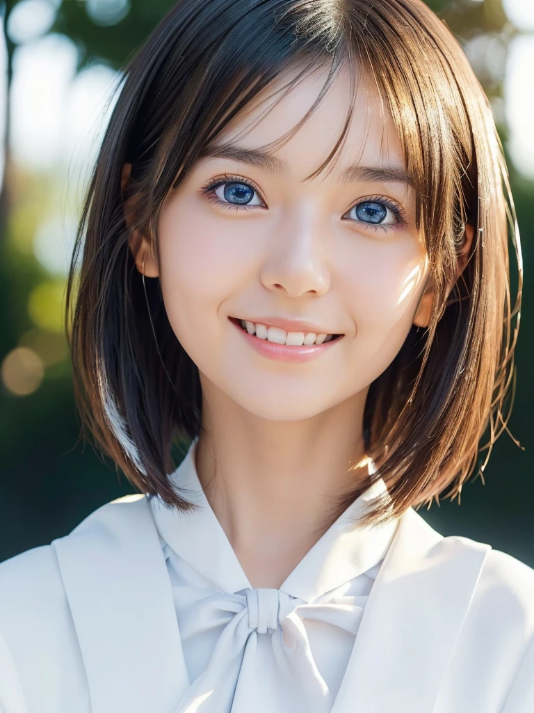 (A beautiful girl in a bright nordic setting, face lighting, realistic, cute, sexy, slim, extremely detailed eyes, droopy eyes,Attractive big shiny clear blue eyes, cutei eyes,beautiful eyes,charming big eyes,extremely detailed face:1.5),(best quality:1.4), (masterpiece:1.5),(ultra-detailed:1.2), (realistic:1.3),(ultra short hair:2.0),(fluffy hair,silver hair:1.25),(close-up of face,smiling:1.25), (japanese highschool white uniform:1.5),detailed skin, intricate details, high quality, detailed background, soft lighting, detailed clothing, natural pose, cinematic lighting, volumetric lighting, digital art, photorealistic, vibrant colors, sharp focus, hyper detailed,Highres fix