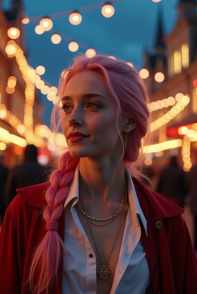 ((Masterpiece, Best Quality, Highest Image Quality, High Resolution, Photorealism, RAW Photos, 8k)), A beautiful man, pale skin, fine feature, lightly smile, long hair, pink pink haired, one braid, hair flying in the wind, show forehead, gold jewelry, open white shirt, thin red cloak. Outdoors, in the night circus, gothic architecture, Christmas.