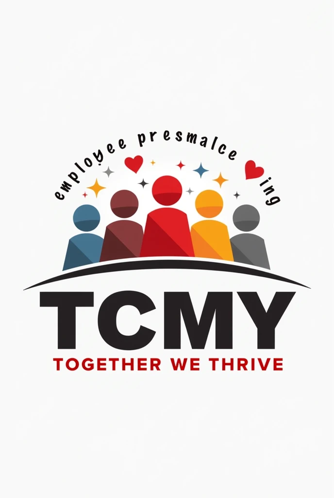 (True black,Active Red,neutral grey). 
 Must Include the above colors as Main Color Code. 
You may use White as well. 
Create a employee engagement team building logo 
Include (TCMY ) with tag line together we thrive 
With colorful humanoid 
Include nice blurred background