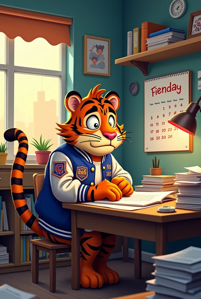 Create a college tiger looking at the calendar and scared because the exam day is approaching