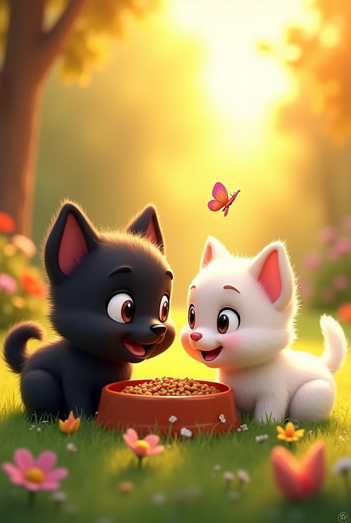Animation small Black dog &small white cat eat food with animal
