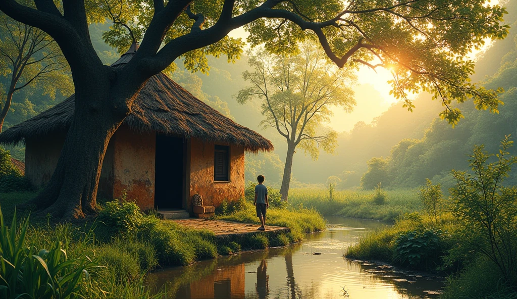an image of a rural poor vietnamese small old clay tent with the light shining on them, in the style of colorful prisma, small pond, a boy play with a tree beside a tent, erased and obscured, multiple flash, iconic album covers, photography, 50mm