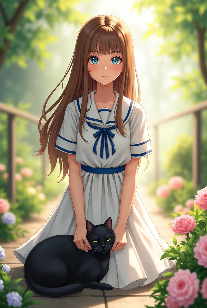 She has long brown hair, blue eyes, is gentle, wears a white uniform with a blue ribbon, and is accompanied by a black cat.