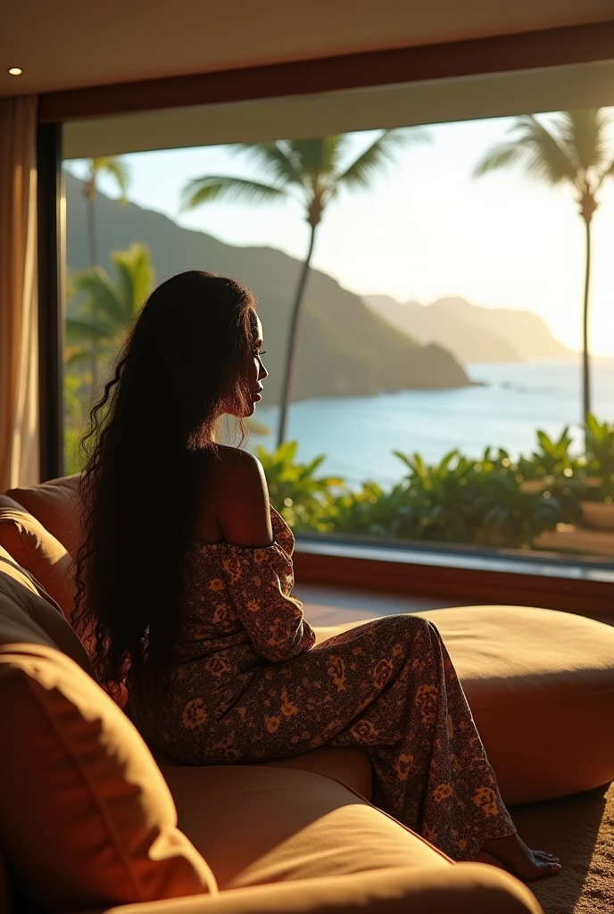 african girl, 19 ans, long black hair, sitting in a large luxury modern living room, tan furniture, dark lighting, day, panoramic view of Hawaii out of the window, wearing zimmermann, detailed, hd