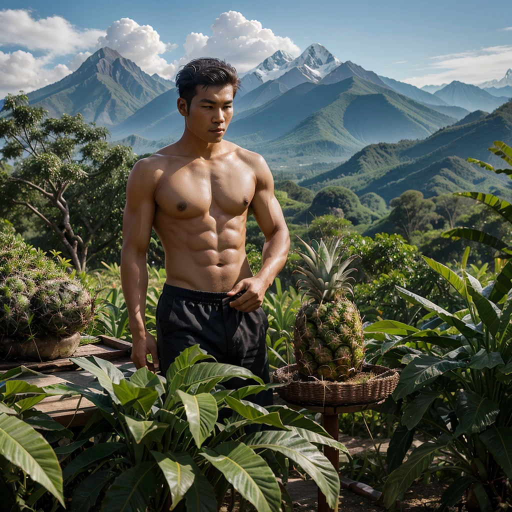 Create an image of a Thai man, a pineapple garden, a high mountain range.