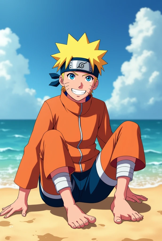 Imagen animada con estilo realista en HD de Naruto Uzumaki sonriendo enseñando la planta de los pies de cerca 👣 sentado en la playa sin camisa