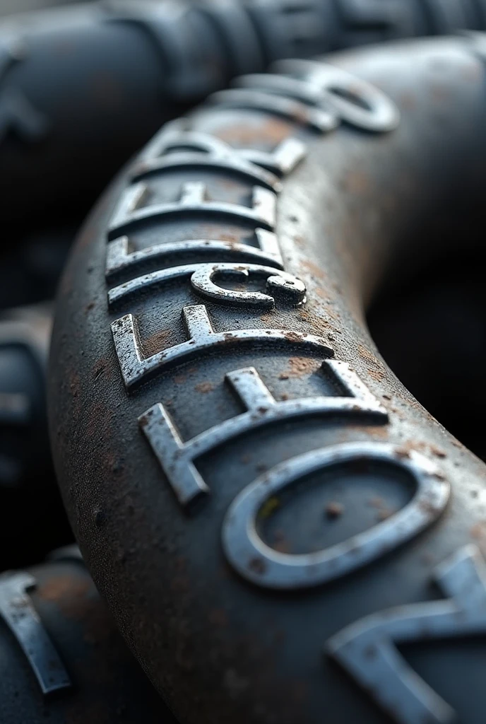 Generate a high-quality, detailed image of a steel rebar (sariya) with visible ribs running along its length. The rebar should have the text "ALAM STEEL" embossed deeply into the surface, in bold, industrial-style lettering that wraps around the rebar's curvature. The ribs should be pronounced, following the spiral pattern typical of reinforced steel bars. The text "ALAM STEEL" should look like it's been stamped or engraved into the metal, maintaining a strong, durable appearance, with the metallic texture and sheen clearly visible. Ensure that the overall design of the rebar reflects the realistic look of a construction-grade steel rod with all the characteristic features.