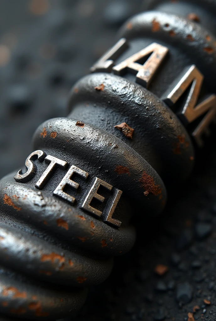 Generate a high-quality, detailed image of a steel rebar (sariya) with visible ribs running along its length. The rebar should have the text "ALAM STEEL" embossed deeply into the surface, in bold, industrial-style lettering that wraps around the rebar's curvature. The ribs should be pronounced, following the spiral pattern typical of reinforced steel bars. The text "ALAM STEEL" should look like it's been stamped or engraved into the metal, maintaining a strong, durable appearance, with the metallic texture and sheen clearly visible. Ensure that the overall design of the rebar reflects the realistic look of a construction-grade steel rod with all the characteristic features.