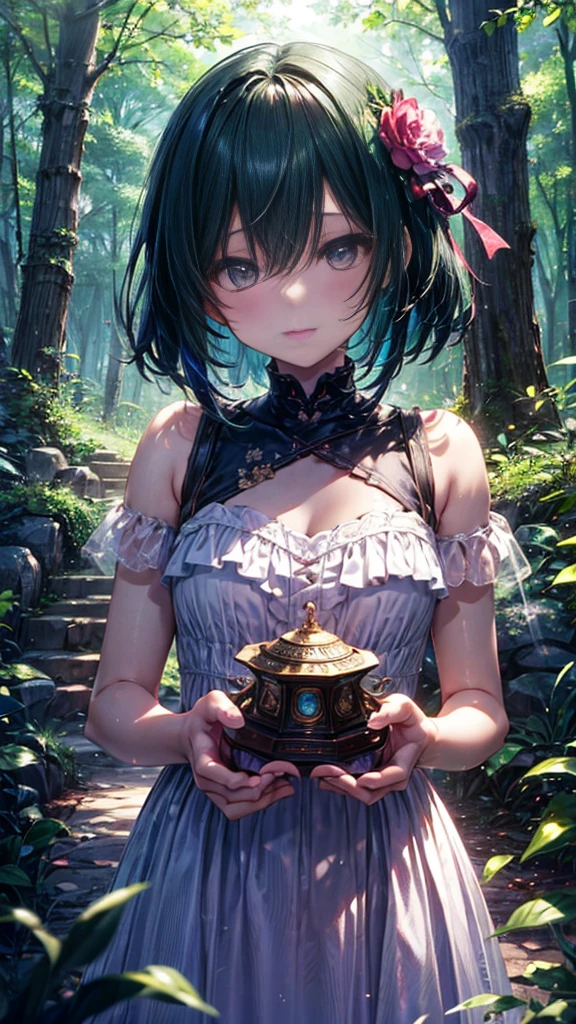 Deep woods、temple、Emerald Hair、My bangs get in my eyes、Shortcuts、White dress、1４age、Girl