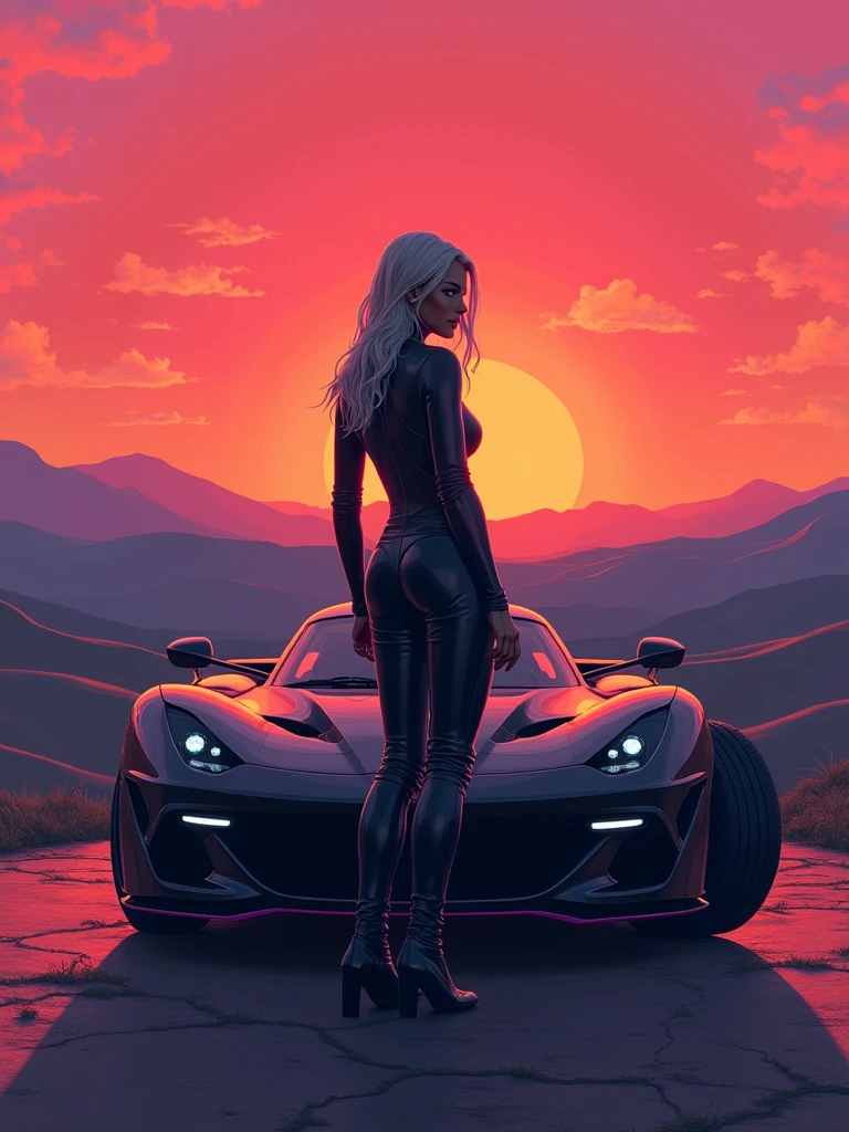 One standing in front of the car，The background is the sunset and the rolling hills，A woman wearing a dark racing suit, Cyberpunk art inspired by Mike Winkelmann, Popular on artstation, Pixel Art, masterpiece 史诗般的Retro Wave艺术, 史诗般的Retro Wave艺术, Retro Wave史诗艺术, 80s-style synthwave, synthwave art style, Dark synthesis waves, Retro Wave, synthwave art style ]!!