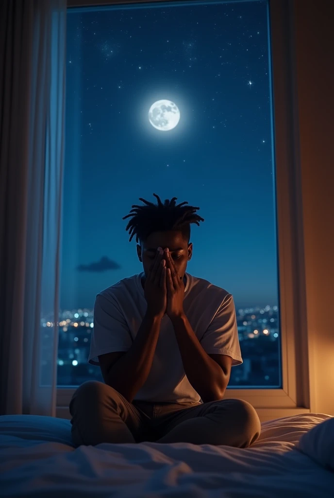 Create realistic images of a hotel window at night with the moon and stars shining and a young 20 year old man with brown skin and hair in twist locks with his hands covering his face as if he is crying. sitting by the window