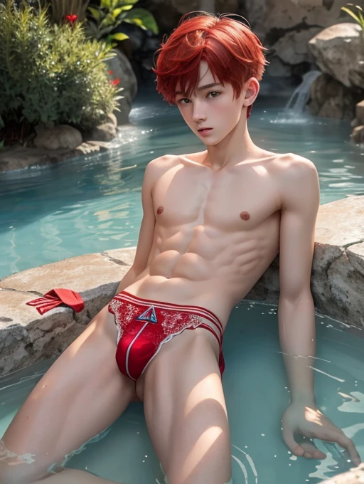 3  boys, sons of god, white/red hair, young, boyish, cute, Divine slender body, skinny toned, bathing in hot springs, enchanting light blue wings, ((small tight lace crimson Red thong)), (innocent tender charm), full body, (boys only), smooth body,masterpiece (male focus) Penis_Bulge