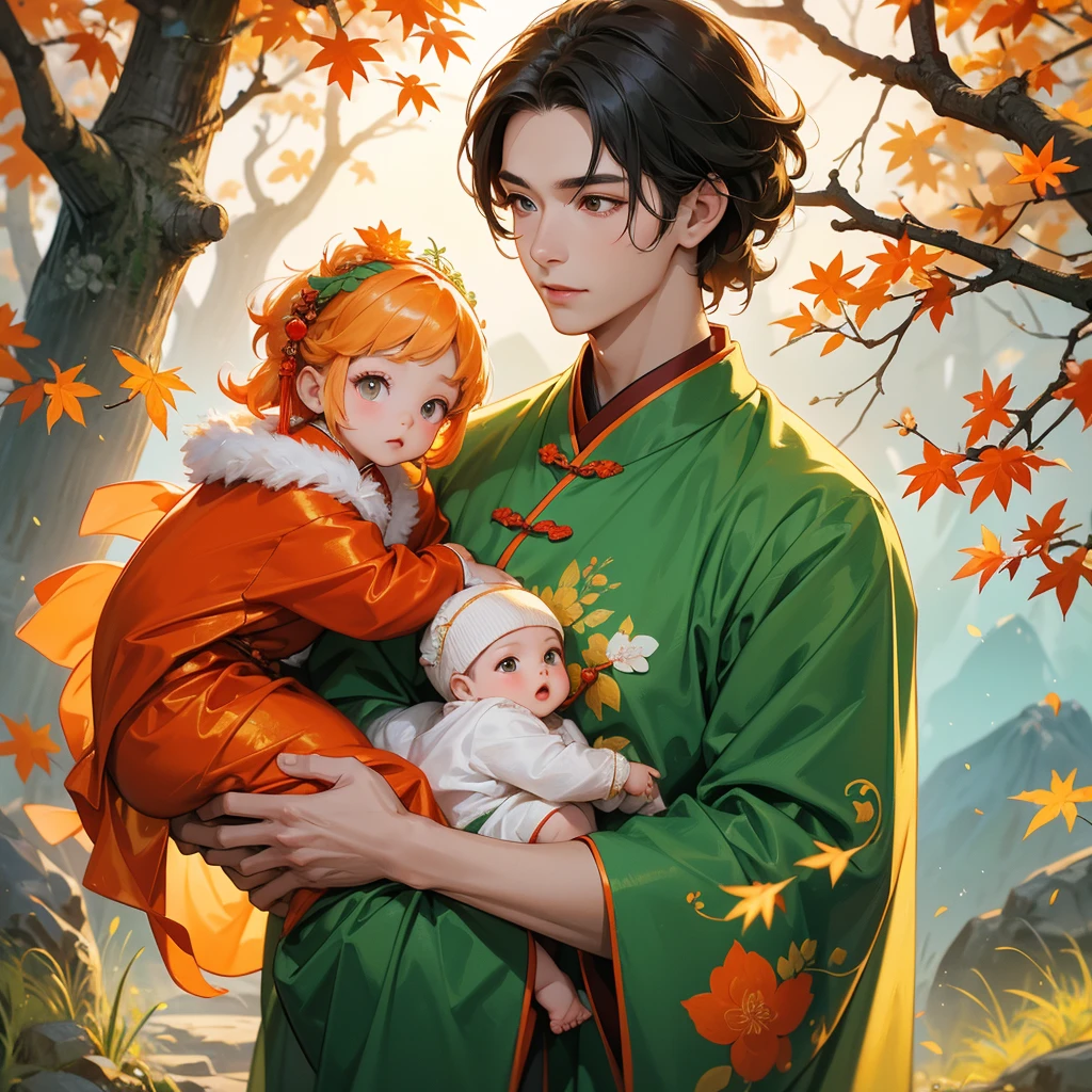 A one-year-old baby boy in an ancient Chinese baby costume with his beautiful mother, dressed in an green ancient Chinese costume, The backdrop is a mountain that turns orange-red in spring, and maple leaves fall from the trees, playing with each other, with his handsome father standing next to his mother, close up.