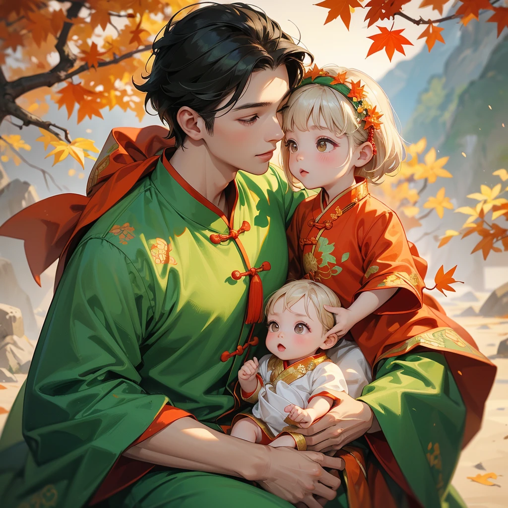 A one-year-old baby boy in an ancient Chinese baby costume with his beautiful mother, dressed in an green ancient Chinese costume, The backdrop is a mountain that turns orange-red in spring, and maple leaves fall from the trees, playing with each other, with his handsome father standing next to his mother, close up.