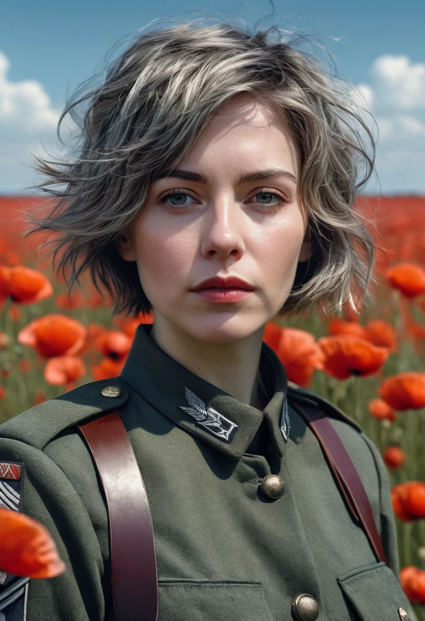 Space, large portrait of beautiful 35 year old scruffy girl with tired expression with pale skin and neat short gray haircut on poppy field clear day in soldier uniform super detailed art, Deep color, fantasy, complex part, home screen, additional colors, fantasy concept art, permission 8k