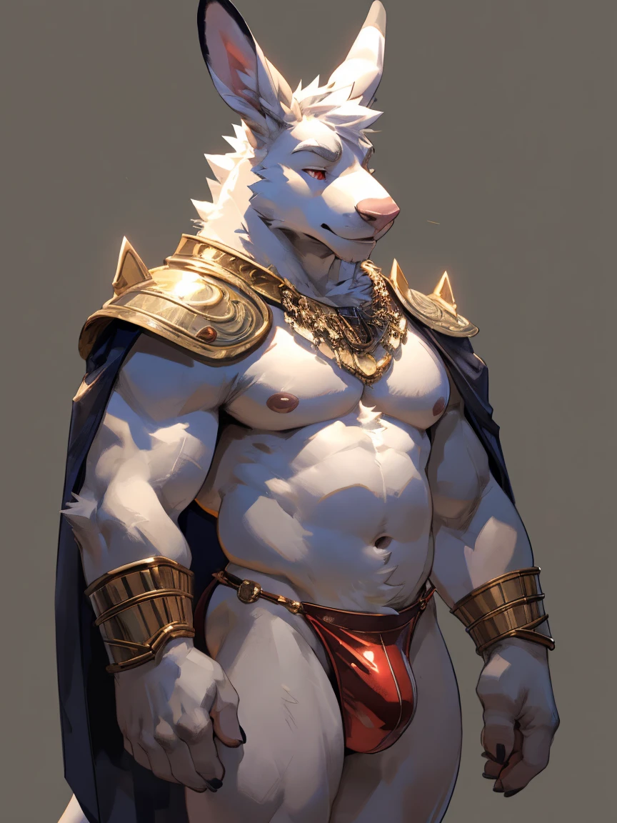 Solo, male, albino kangaroo, in one color tone, with long ears, in gold gladiator shoulder cape, navel showing, in fancy gladiator leather thong, chest, big chest view, ((focus body, furry focus, shades focus, body shades)) (((gray background, gray wallpaper, one color))), by darkgem, by mystikfox61, by glitter trap boy, albino, all white fur, red eyes, pink nose, navel, bulge, full body view, kangaroo tail, no abs, flat belly