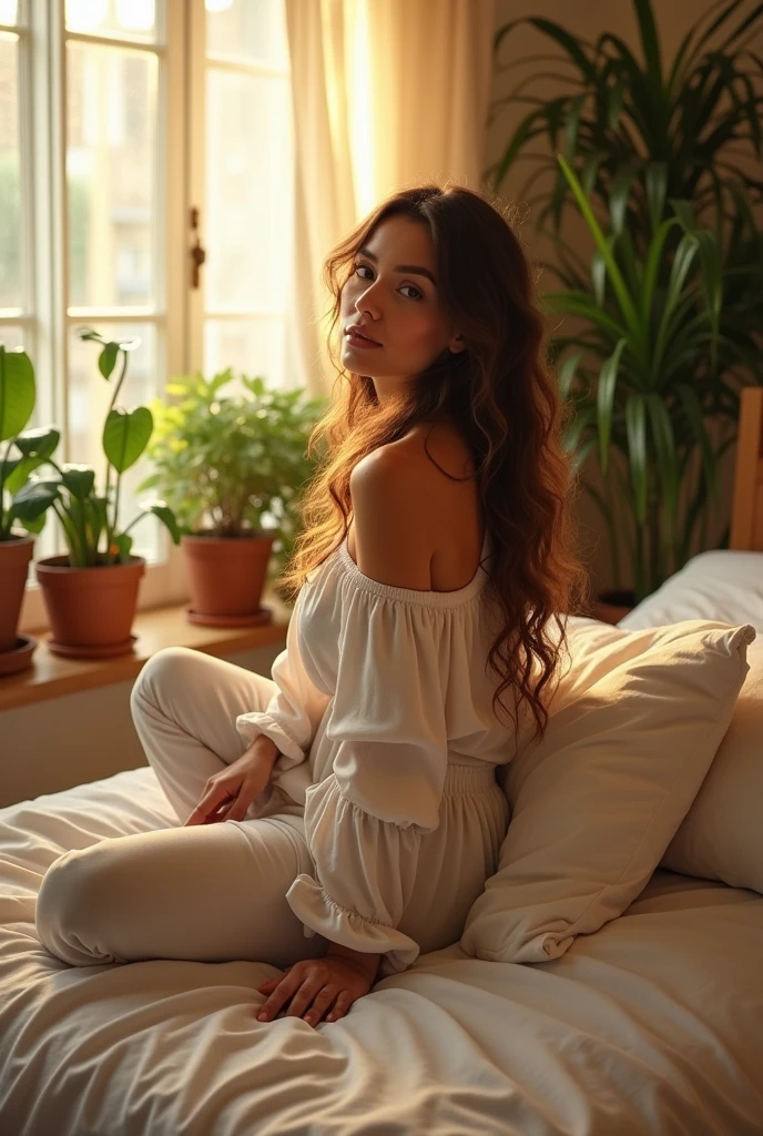 (photorealism:1.2), beautiful woman, sitting on bed, wearing loose off-shoulder top, pajama pants, long curly hair, indoors, soft lighting, plants in background, window with sunlight, cozy room, relaxed pose, realistic, intricate details, warm colors, by Greg Rutkowski, by Alphonse Mucha
