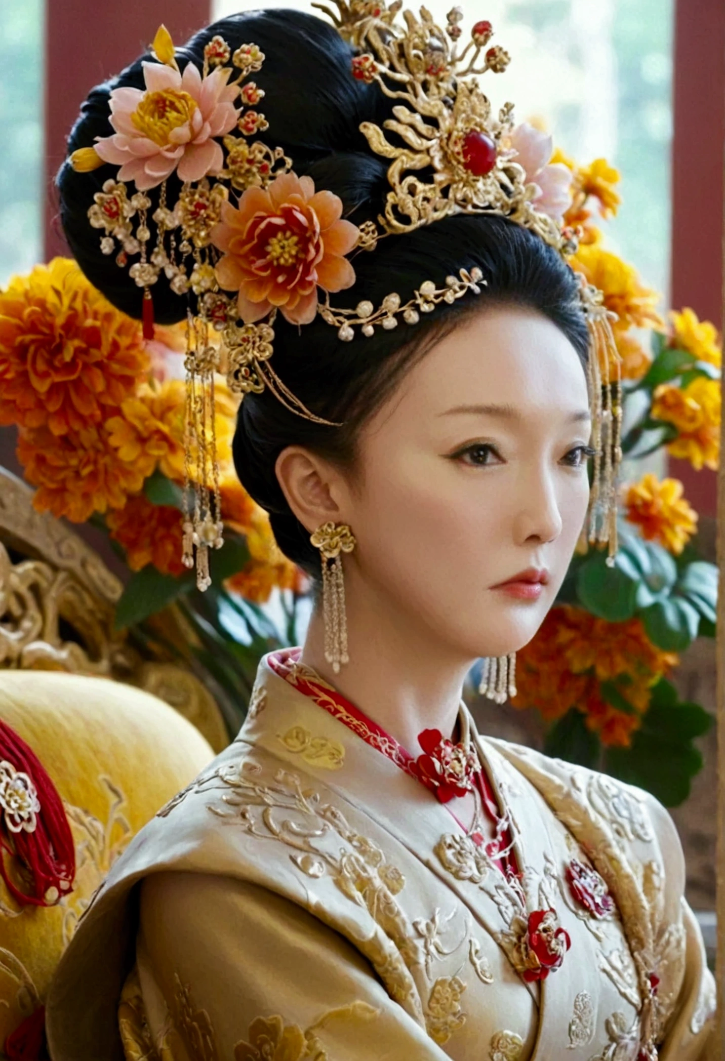 From the pre-Qing period, The Empress sits naked on a large golden sofa in the palace, Her legs were spread, At the Chinese court during the Qing Dynasty, Empress of the Qing Dynasty, Wearing the great crown of the Chinese Empress, Belly and thighs visible from below.。She is completely naked, Showing off gorgeous large flowers and hairpins, She tied her hair up and pulled it up, 背景はEmpress of the Qing Dynastyの豪華な宮殿.