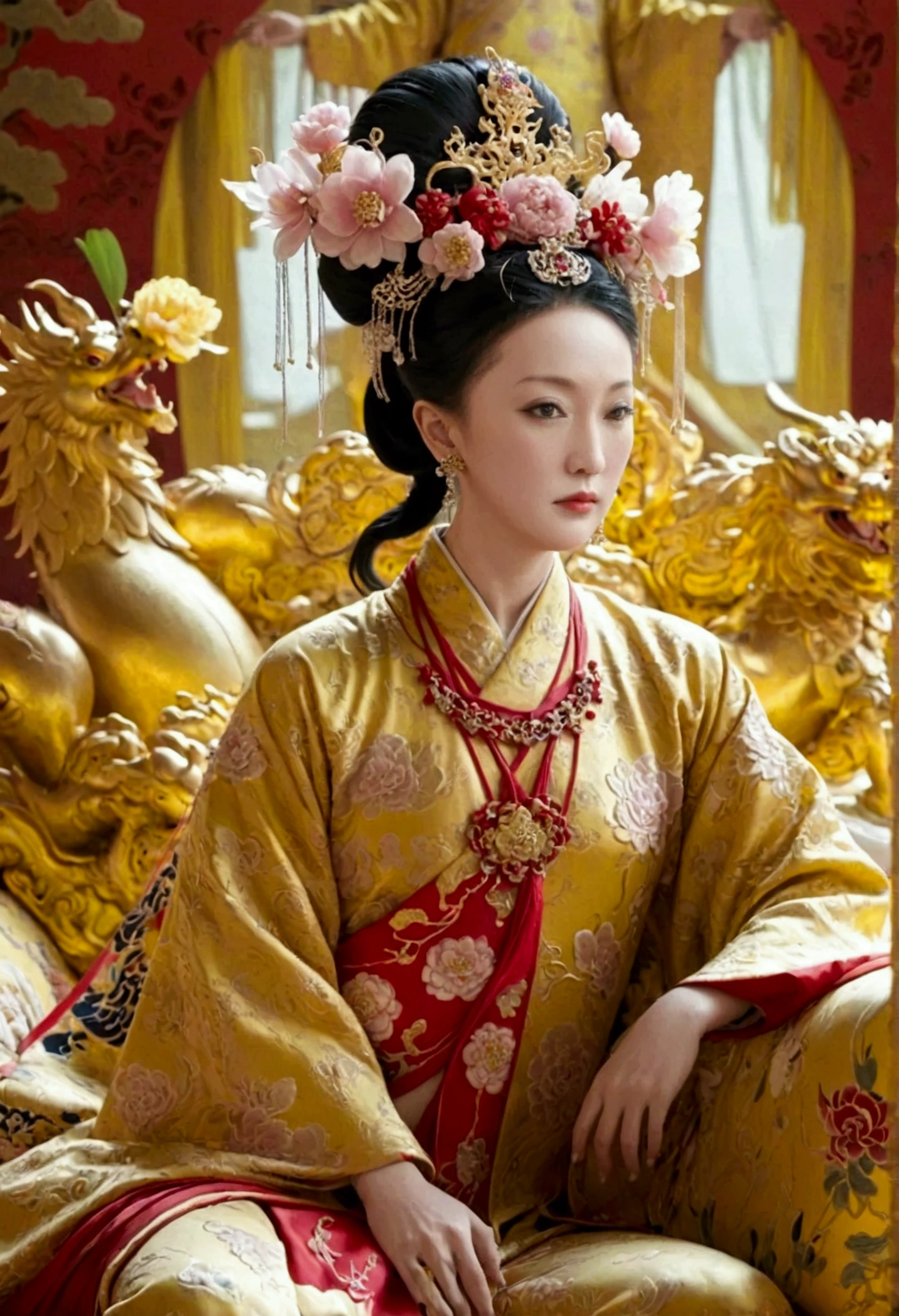From the pre-Qing period, The Empress sits naked on a large golden sofa in the palace, Her legs were spread, At the Chinese court during the Qing Dynasty, Empress of the Qing Dynasty, Wearing the great crown of the Chinese Empress, Belly and thighs visible from below.。She is completely naked, Showing off gorgeous large flowers and hairpins, She tied her hair up and pulled it up, 背景はEmpress of the Qing Dynastyの豪華な宮殿.