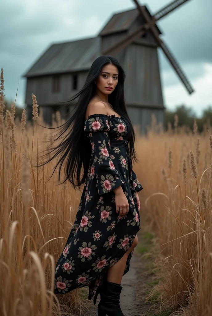 ((best quality)), ((masterpiece)), (detailed), Professional portrait, a curvy Asian woman with long black hair, wearing a black floral dress, wearing boots, standing with dynamic pose in the middle of dry weeds, a large old unkempt mill is visible, there is a dark cloudy sky, giving a cloudy atmosphere in the afternoon